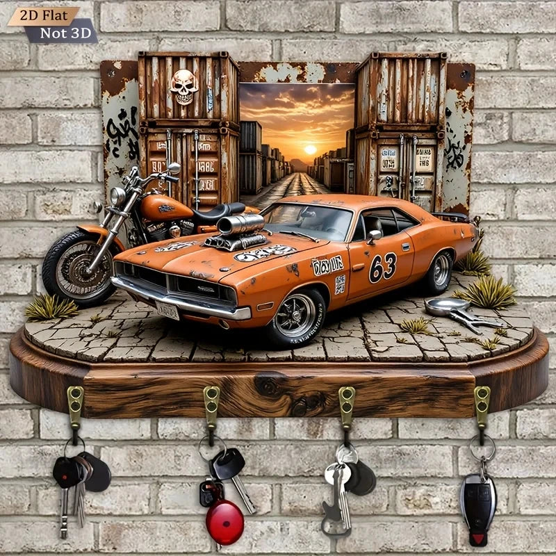 Cabideiro decorativo de parede em madeira com estampa de carro Muscle Car americano e quatro ganchos metálicos para chaves e acessórios