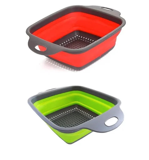 Escorredor retrátil quadrado de silicone multiuso para escorrer massas, lavar frutas e preparar alimentos na cozinha.