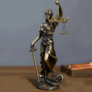 Estátua decorativa da Deusa da Justiça com acabamento estilo cobre envelhecido para escritório, biblioteca ou sala de estar.