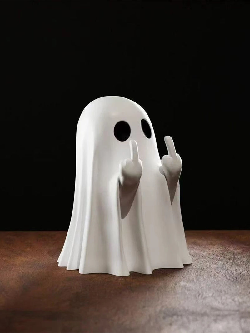 Estátua decorativa de fantasma fazendo gesto de dedo do meio para decoração de Halloween com 7,5 cm.