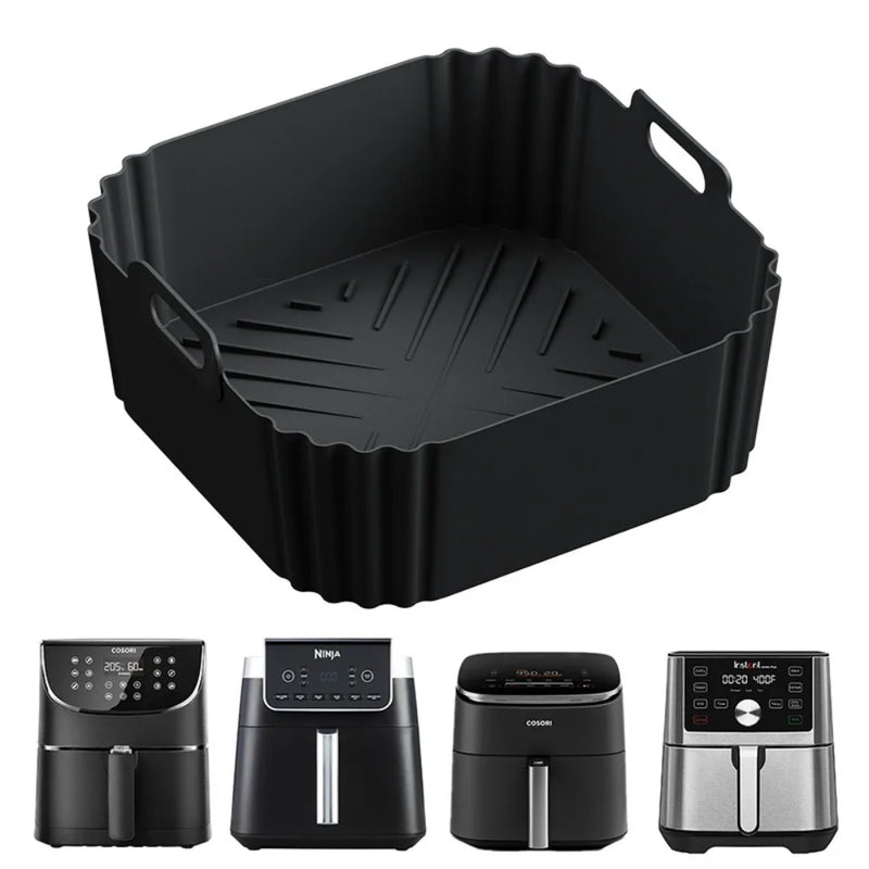 Forro de silicone reutilizável para Air Fryer de 22,5cm com superfície antiaderente, ideal para proteger o cesto e facilitar a limpeza após o preparo dos alimentos.