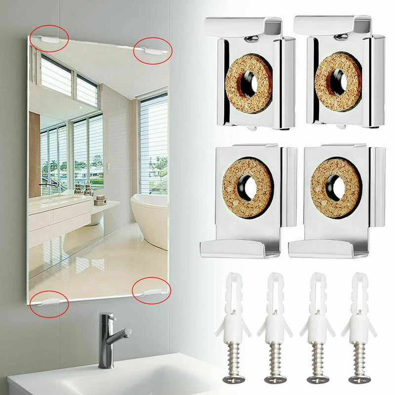Kit com 4 suportes cromados para fixação de espelho sem moldura em parede de banheiro, sala ou cozinha.