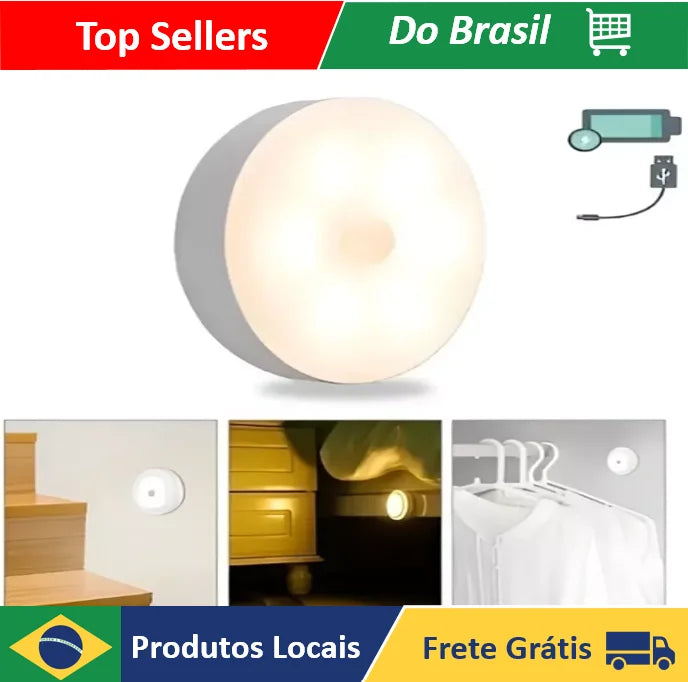 Luminária LED inteligente sem fio com sensor de movimento instalada em um armário, iluminando automaticamente o ambiente.