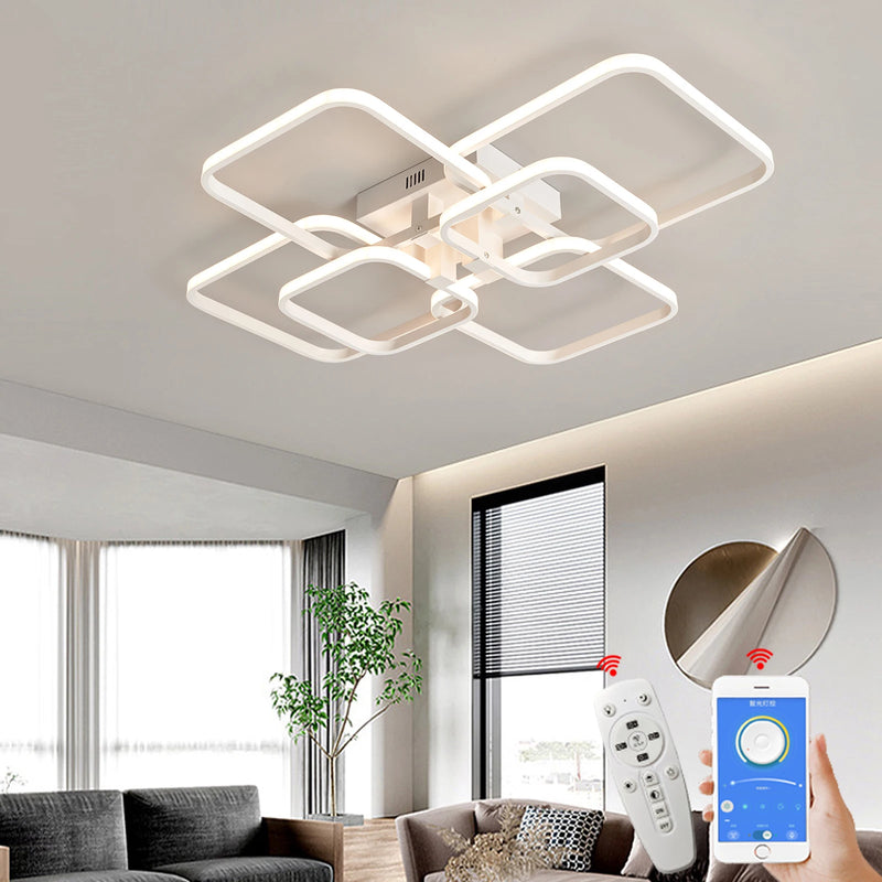 Lustre LED moderno NEO Gleam instalado no teto de uma sala de estar contemporânea com iluminação elegante e uniforme.