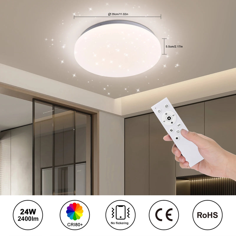 Plafon LED redondo céu estrelado 24W regulável com controle remoto para ambiente interno