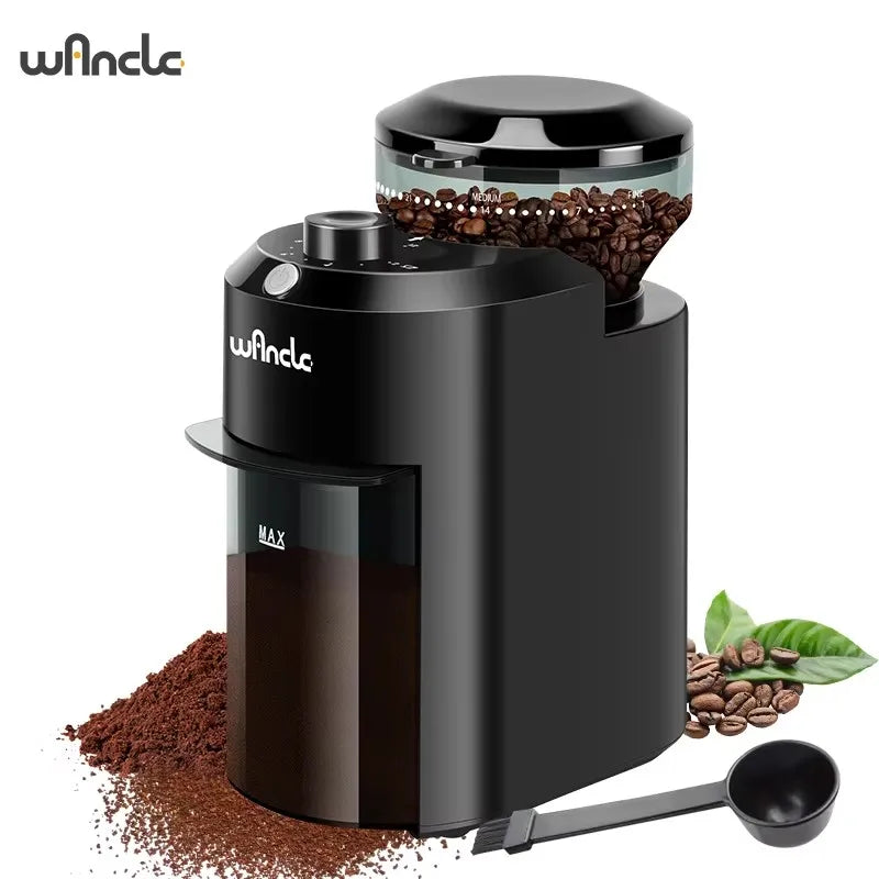 Moedor de Café Elétrico Wancle com mós cônicas e 28 ajustes de moagem para preparo de espresso, café coado e prensa francesa.