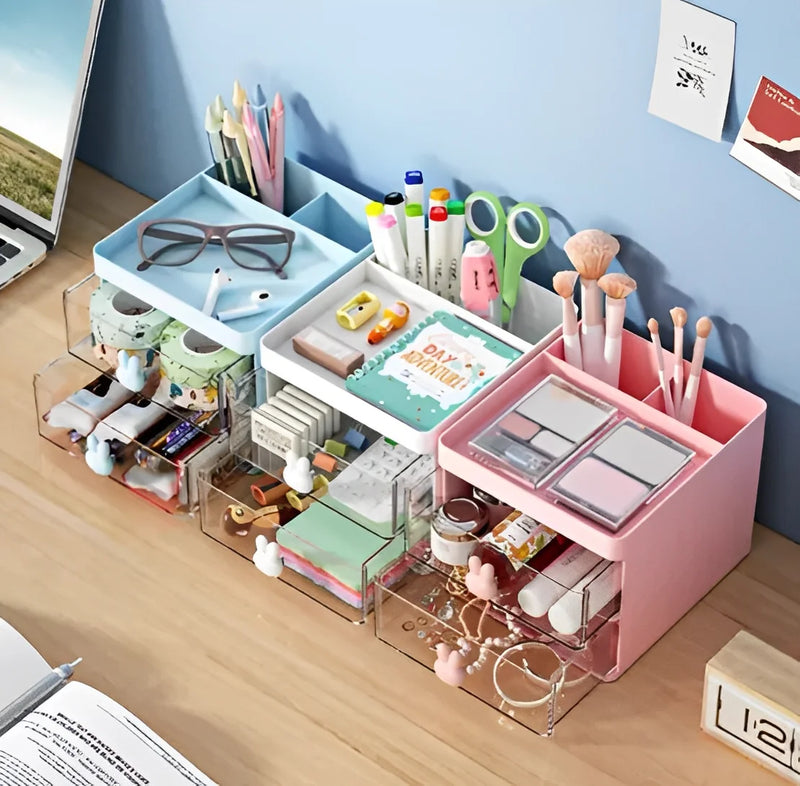 Organizador de mesa em formato de coelho com gaveta para canetas, maquiagem e pequenos acessórios