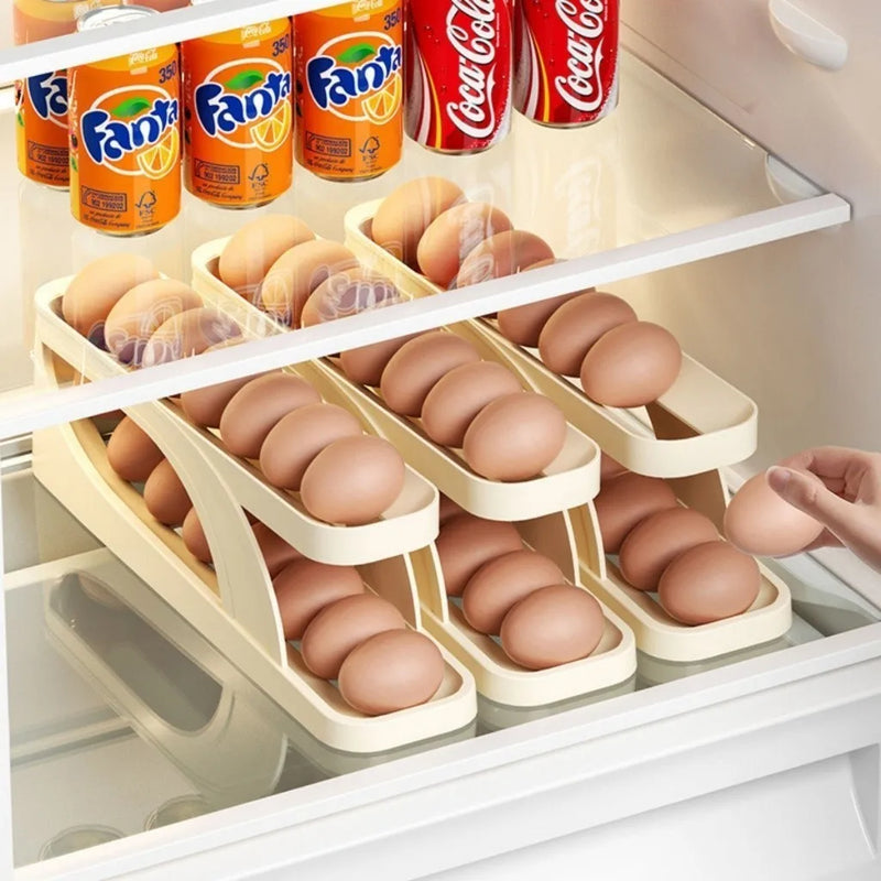 Organizador de ovos de dois andares com dispenser automático para geladeira ou bancada, ideal para otimizar o espaço e facilitar o acesso aos ovos.