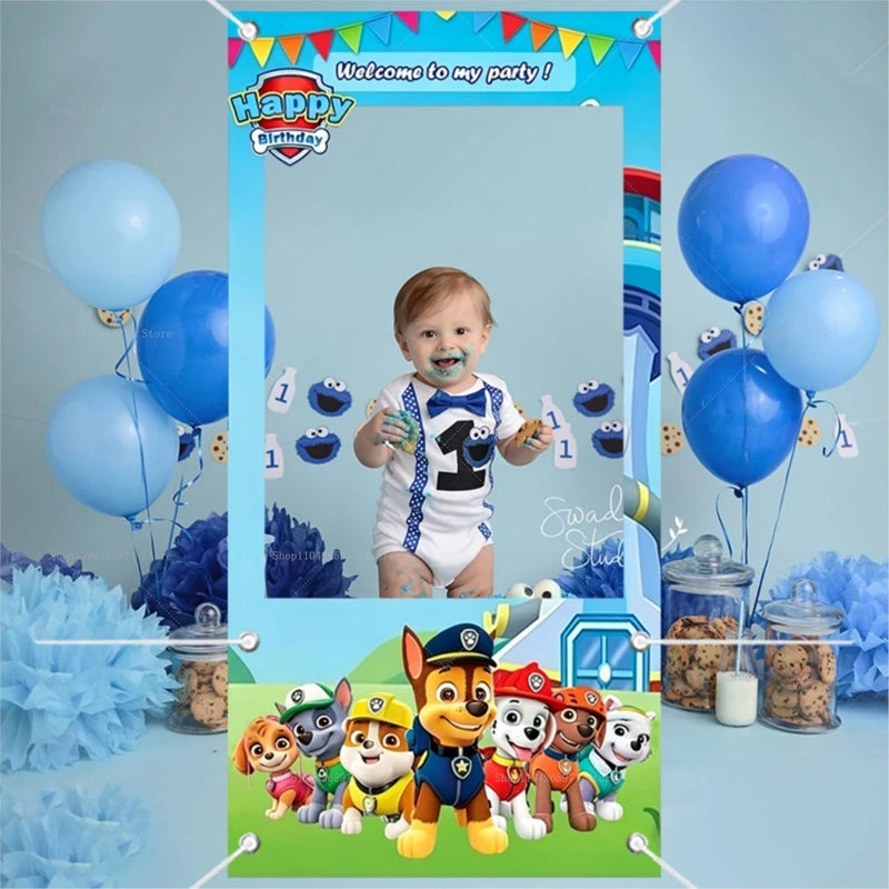 Moldura temática inspirada na Patrulha Canina para fotos em festas infantis, aniversários e eventos comemorativos