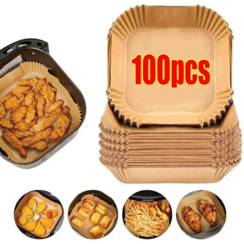 Papéis descartáveis antiaderentes para Air Fryer, ideais para assar, grelhar e cozinhar alimentos mantendo o cesto limpo e facilitando a limpeza.