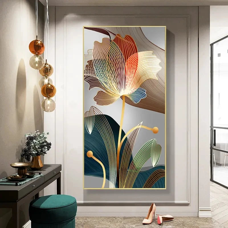 Quadro abstrato floral em tela com linhas douradas modernas para decoração sofisticada de sala de estar e ambientes elegantes