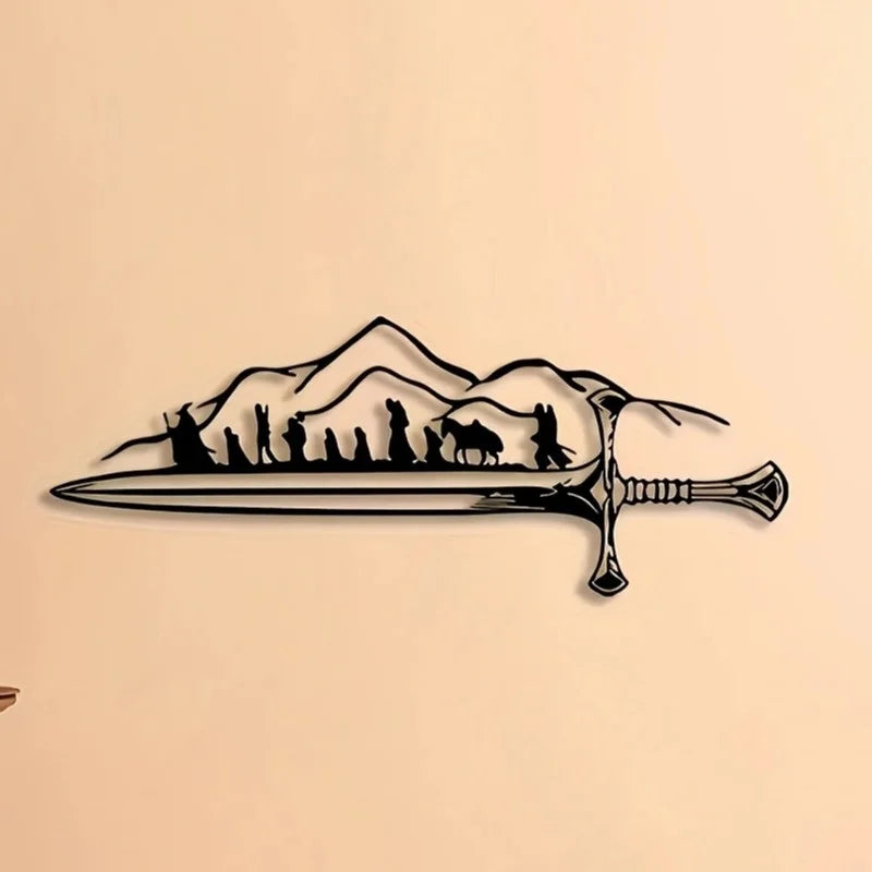 Arte de parede em metal com silhueta inspirada na jornada de Frodo e Sam em The Fellowship of the Ring para decoração temática.