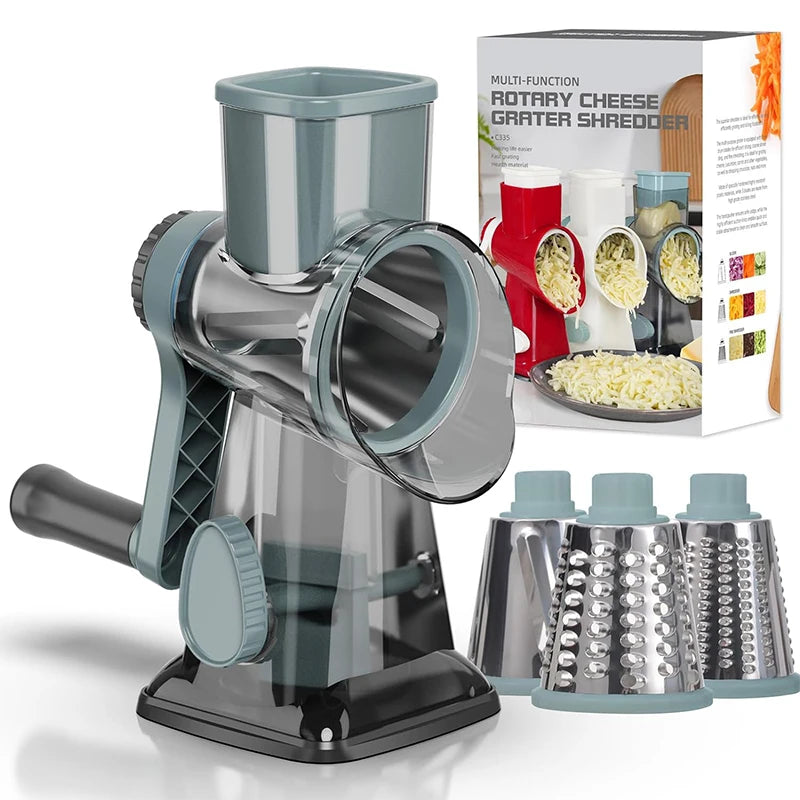 Utensílio de cozinha 3 em 1 rotativo: ralar queijo, fatiar vegetais e moer castanhas