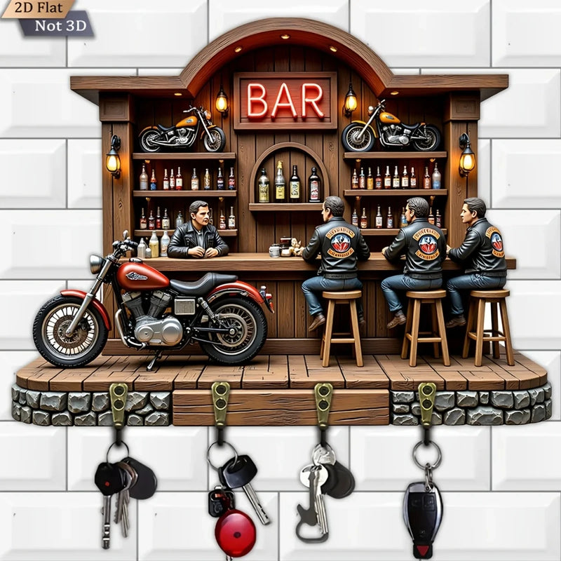 2D Flat, 1pc, Motorcycle Bar Theme Key Hook, Wooden Multifunctional Home Key Rack, with Four Metal Hooks, Wall Decoration,