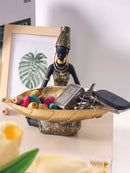 Escultura Decorativa Africana com Bandeja – Ornamento Vintage para Organização e Decoração de Ambientes