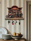 2D Flat, 1pc, Motorcycle Bar Theme Key Hook, Wooden Multifunctional Home Key Rack, with Four Metal Hooks, Wall Decoration,
