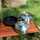 Kit de Panelas para Camping em Aço Inox com Panela, Frigideira e Chaleira