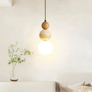 Pendente LED Bauhaus Creme em Pedra e Madeira – Luminária Designer para Quarto, Sala e Espaços Gourmet
