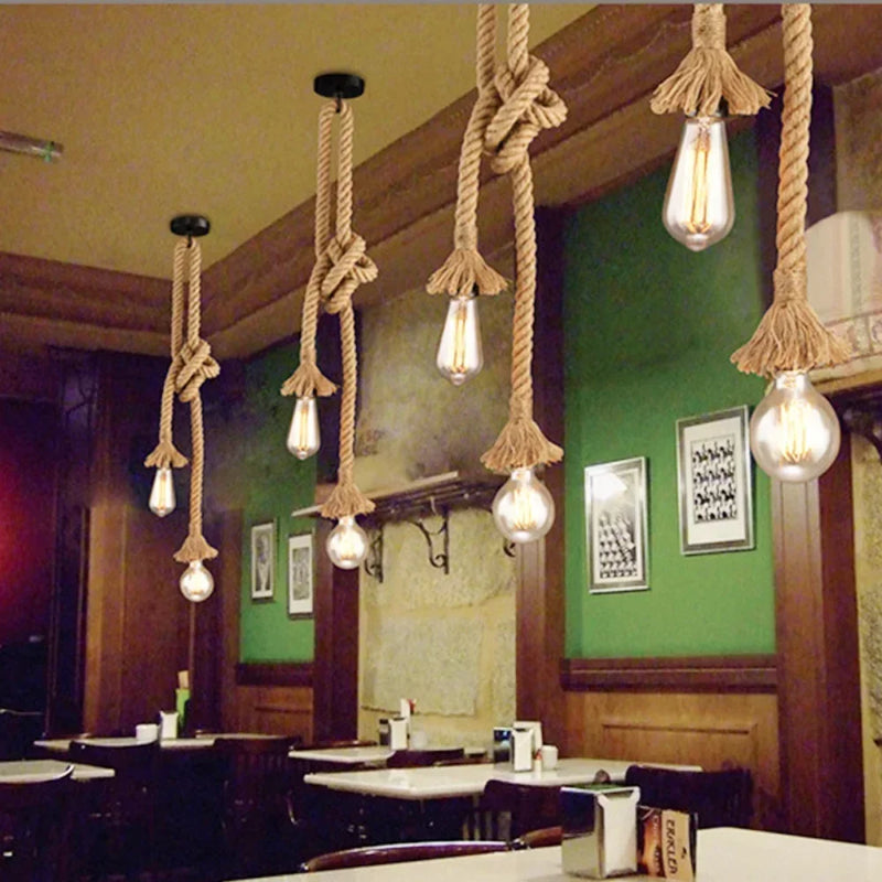 Luminária Pendente Industrial com Corda de Cânhamo E27 – Estilo Vintage para Sala, Loft e Bar