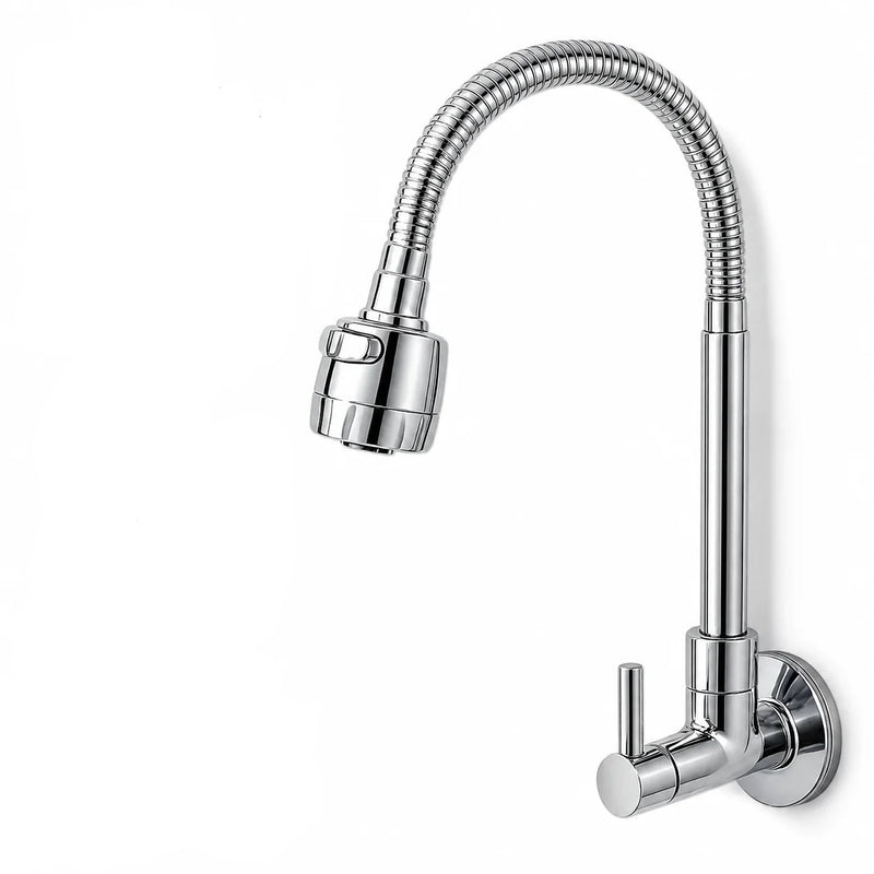 Torneira de parede para cozinha com chuveirinho pulverizador, ideal para facilitar a lavagem de louças e a limpeza da pia.