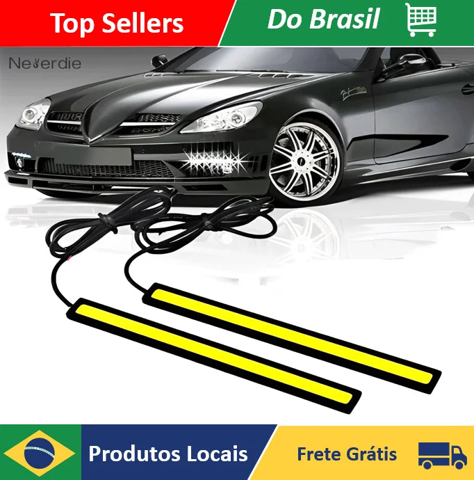 Par de barras LED DRL 17 cm 12V com luz branca 6000K e efeito neon instaladas na dianteira de um automóvel.